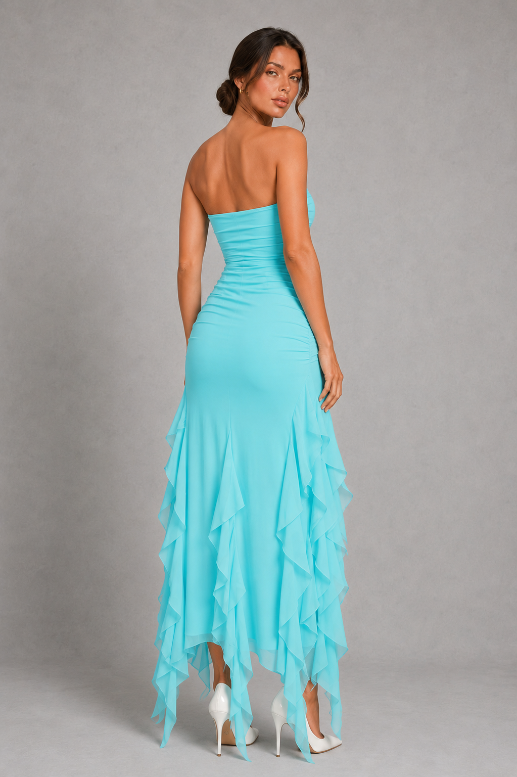 Women's off shoulder fitted midi dress with an elegant neckline, asymmetrical fringe hem, and figure-skimming silhouette, perfect for wedding guests, cocktail parties, evening events, and special occasions.