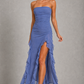 Women's off shoulder fitted midi dress with an elegant neckline, asymmetrical fringe hem, and figure-skimming silhouette, perfect for wedding guests, cocktail parties, evening events, and special occasions.