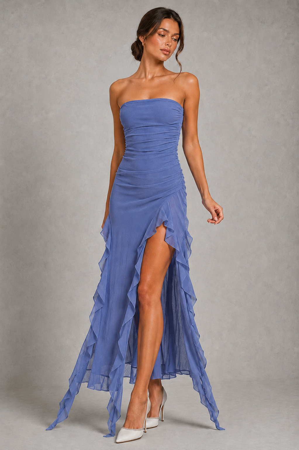 Women's off shoulder fitted midi dress with an elegant neckline, asymmetrical fringe hem, and figure-skimming silhouette, perfect for wedding guests, cocktail parties, evening events, and special occasions.