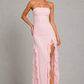 Women's off shoulder fitted midi dress with an elegant neckline, asymmetrical fringe hem, and figure-skimming silhouette, perfect for wedding guests, cocktail parties, evening events, and special occasions.