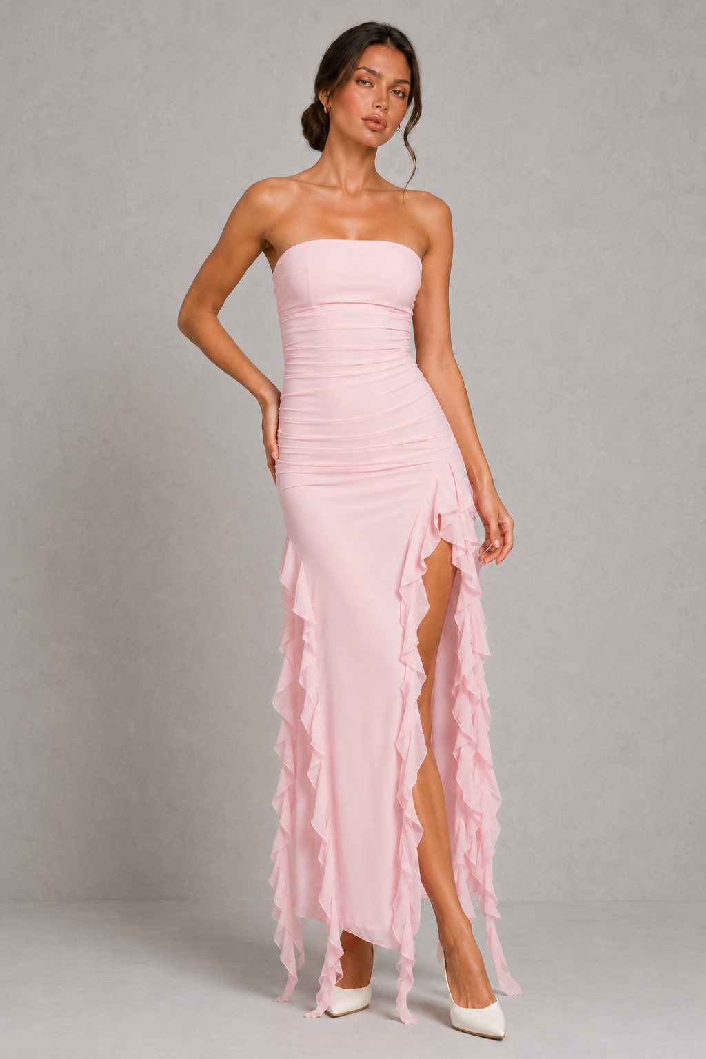 Women's off shoulder fitted midi dress with an elegant neckline, asymmetrical fringe hem, and figure-skimming silhouette, perfect for wedding guests, cocktail parties, evening events, and special occasions.