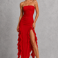 Women's off shoulder fitted midi dress with an elegant neckline, asymmetrical fringe hem, and figure-skimming silhouette, perfect for wedding guests, cocktail parties, evening events, and special occasions.