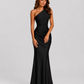 Woman wearing a one-shoulder satin maxi dress with a fitted stretch crepe bodice, asymmetric dropped waist, and elegant draped hip detailing.