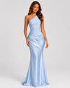 Woman wearing a one-shoulder satin maxi dress with a fitted stretch crepe bodice, asymmetric dropped waist, and elegant draped hip detailing.