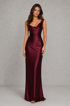 Women’s One-Shoulder Satin Maxi Dress with Corset Bodice for Formal & Evening Wear