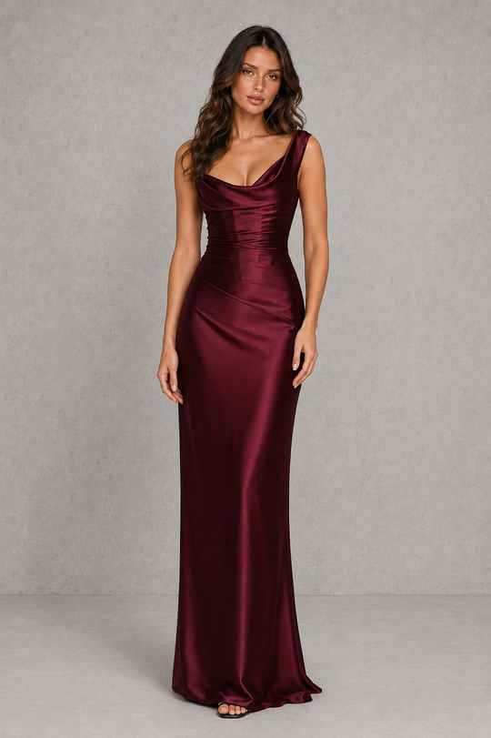 Women’s One-Shoulder Satin Maxi Dress with Corset Bodice for Formal & Evening Wear