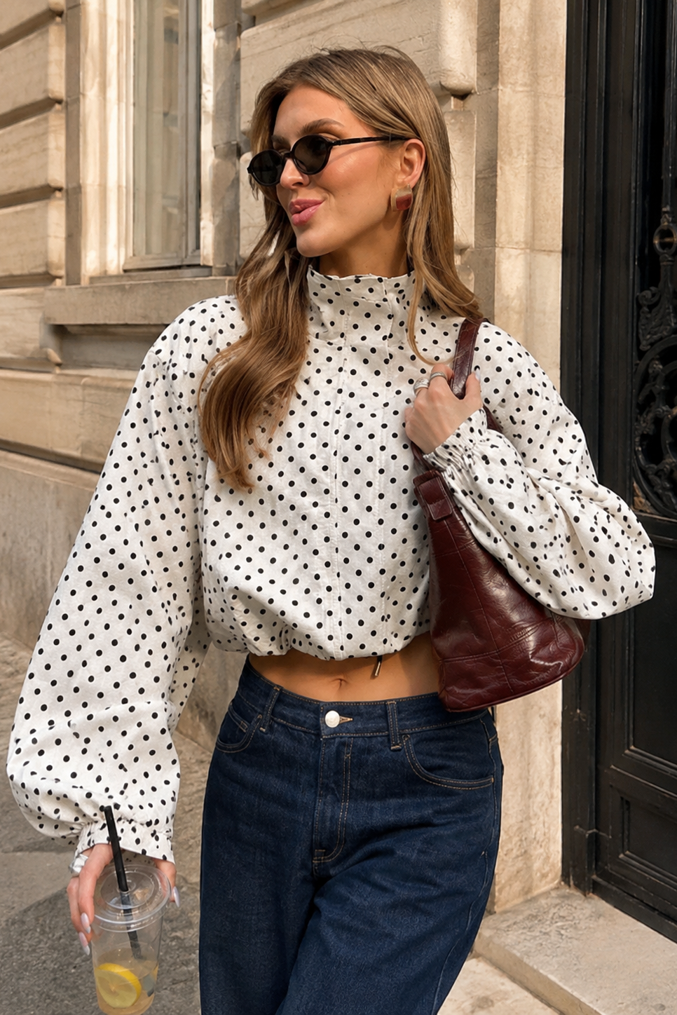 Women’s Oversized Polka Dot Cropped Bomber Jacket with Zip Front