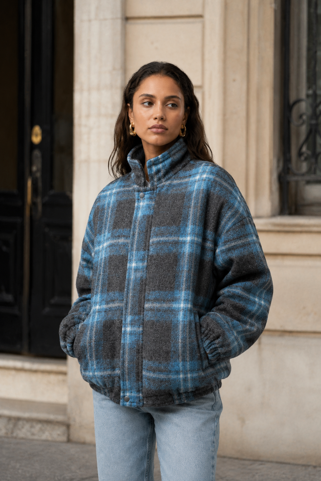 Women’s Panelled Plaid Zip-Up Jacket with Stand Collar for Casual & Everyday Wear
