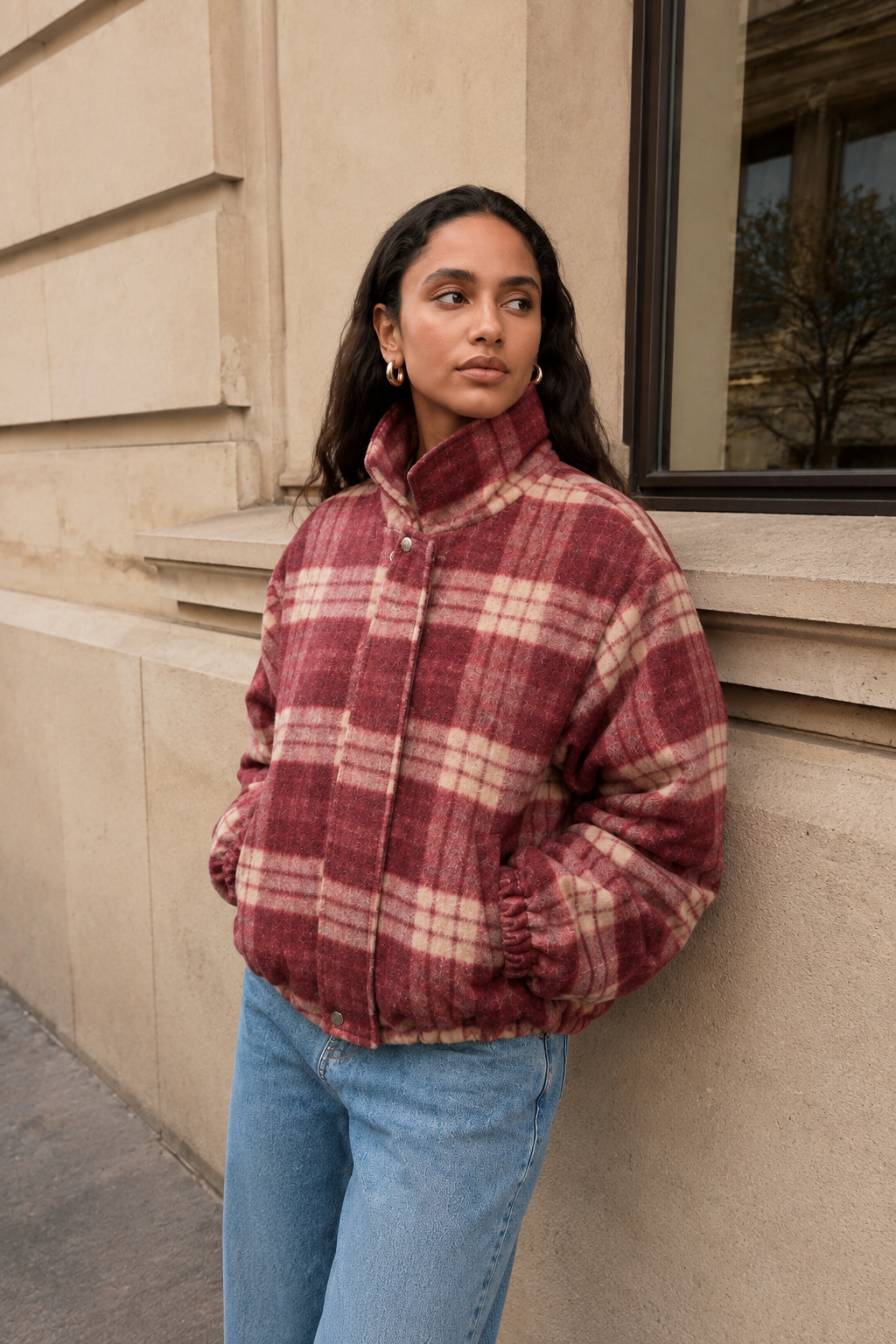 Women’s Panelled Plaid Zip-Up Jacket with Stand Collar for Casual & Everyday Wear