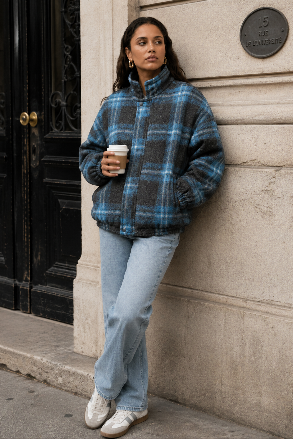 Women’s Panelled Plaid Zip-Up Jacket with Stand Collar for Casual & Everyday Wear