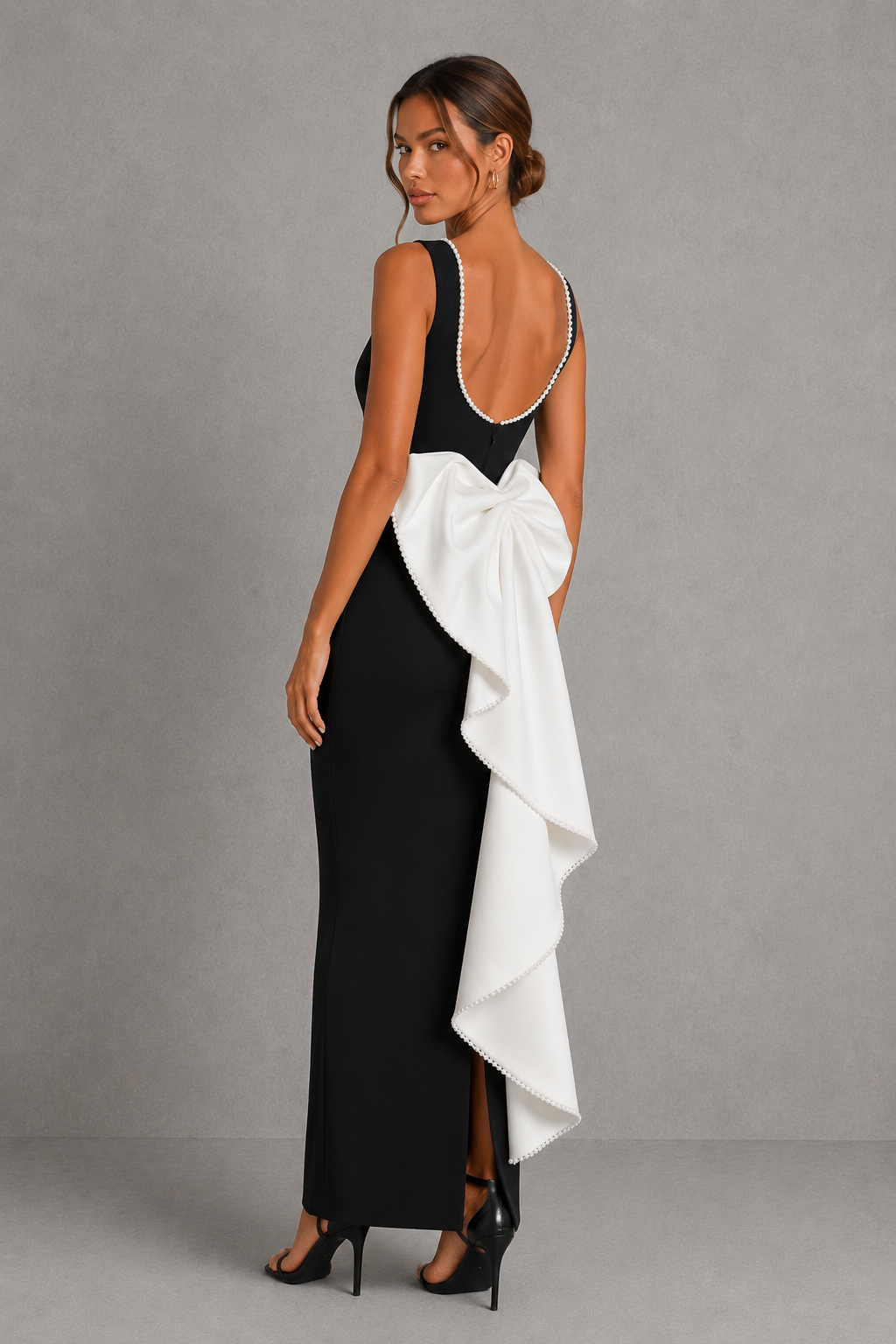 Women’s Pearl Trim Midaxi Dress with Statement Bow for Formal & Evening Wear