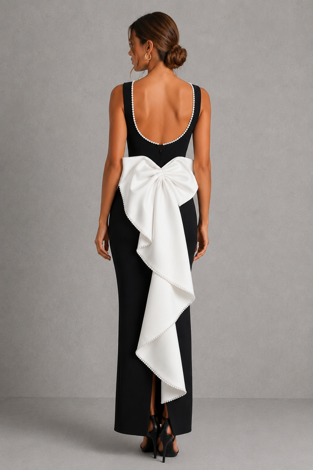 Women’s Pearl Trim Midaxi Dress with Statement Bow for Formal & Evening Wear