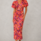 Women's Floral V-Neck Puff Sleeve Midi Dress – Orange/Red