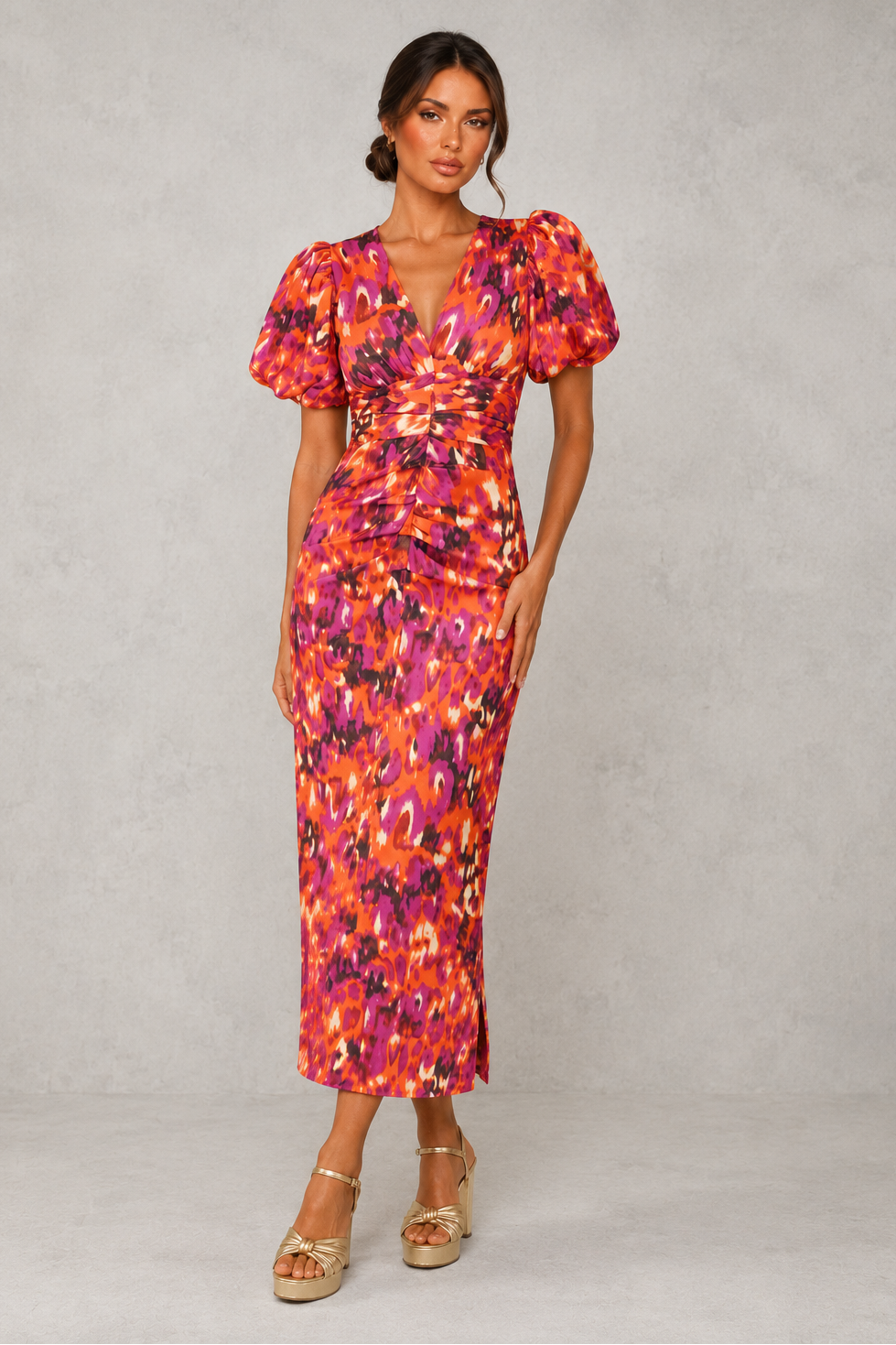 Women's Floral Midi Dress - V-Neck Wedding Guest Puff Sleeve