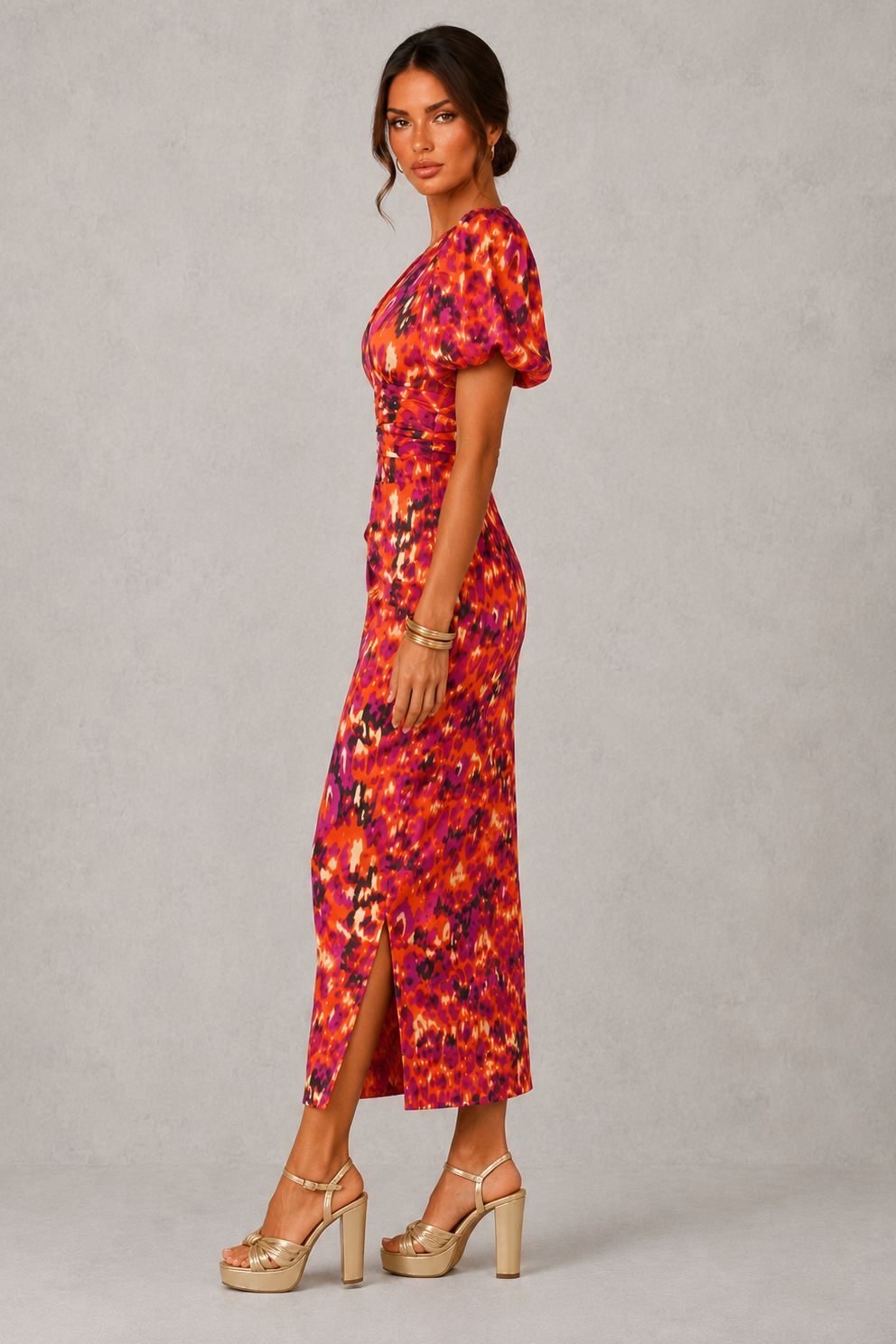 Women's Floral Midi Dress - V-Neck Wedding Guest Puff Sleeve