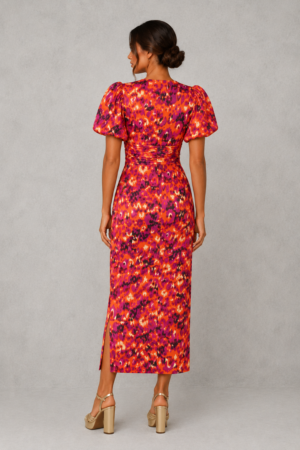 Women's Floral Midi Dress - V-Neck Wedding Guest Puff Sleeve