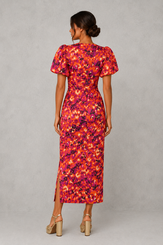Women's Floral Midi Dress - V-Neck Wedding Guest Puff Sleeve