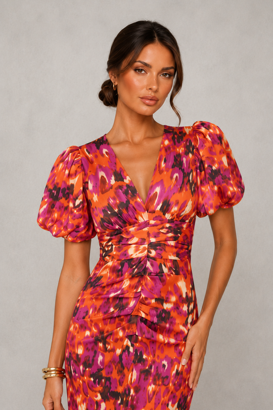 Women's Floral Midi Dress - V-Neck Wedding Guest Puff Sleeve