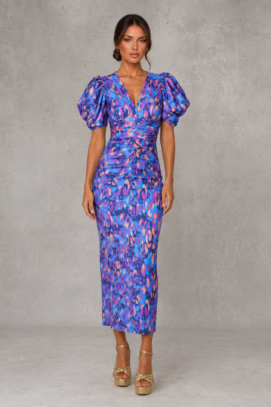Women's Floral Midi Dress - V-Neck Wedding Guest Puff Sleeve