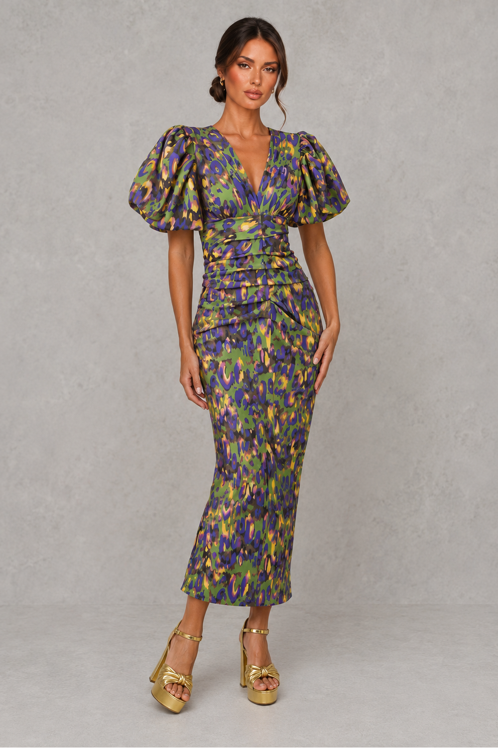 Women's Floral Midi Dress - V-Neck Wedding Guest Puff Sleeve
