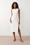 Woman wearing the Raina ribbed fitted midi dress in a sleeveless bodycon design with a round neckline, wide-rib knit texture and elegant side slit, styled as a sophisticated occasion dress.