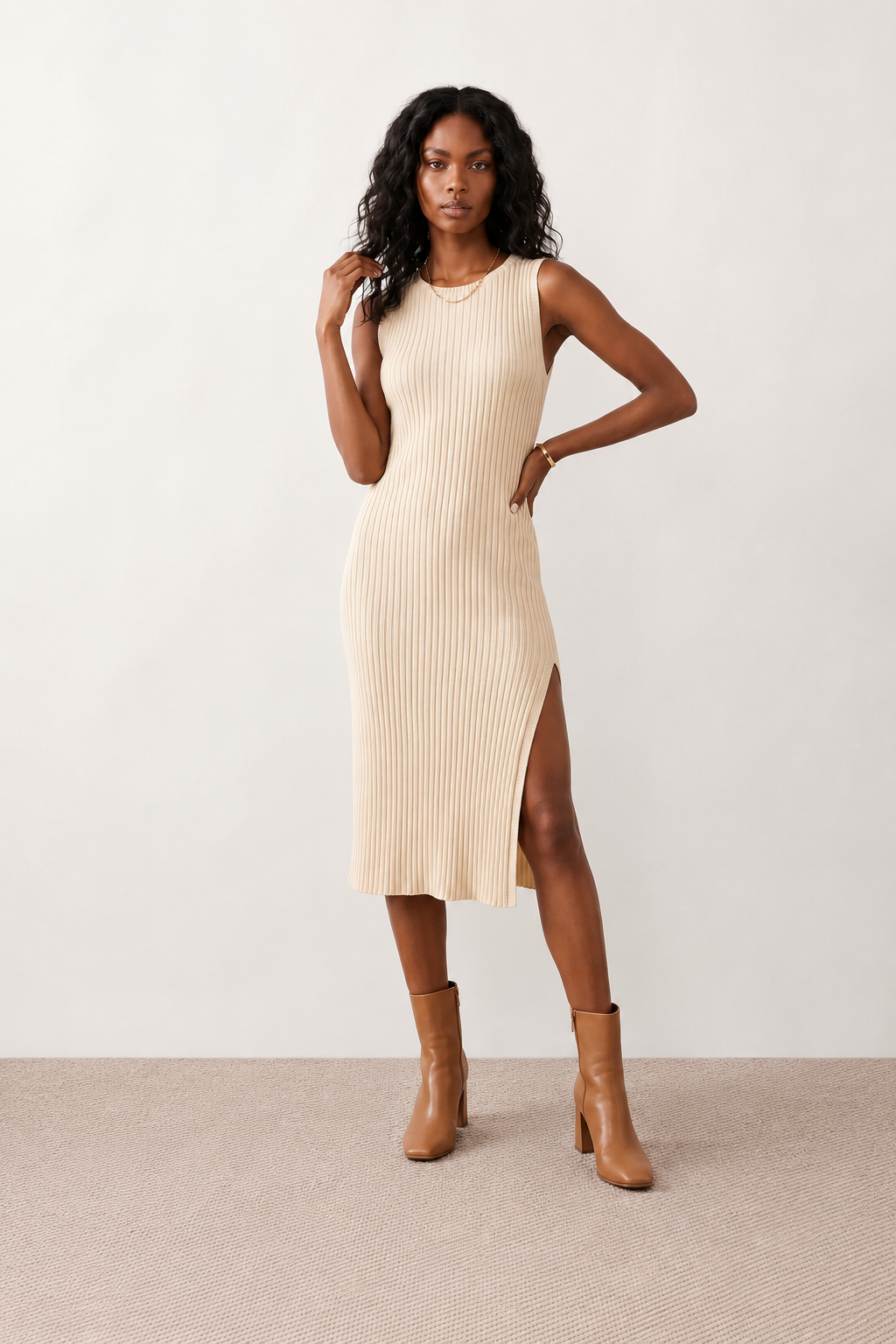 Woman wearing the Raina ribbed fitted midi dress in a sleeveless bodycon design with a round neckline, wide-rib knit texture and elegant side slit, styled as a sophisticated occasion dress.