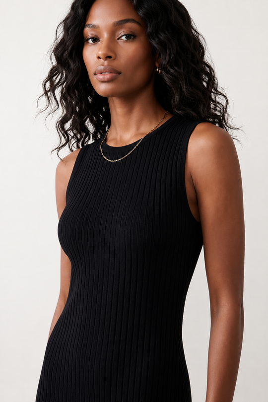 Woman wearing the Raina ribbed fitted midi dress in a sleeveless bodycon design with a round neckline, wide-rib knit texture and elegant side slit, styled as a sophisticated occasion dress.