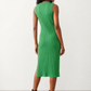 Woman wearing the Raina ribbed fitted midi dress in a sleeveless bodycon design with a round neckline, wide-rib knit texture and elegant side slit, styled as a sophisticated occasion dress.