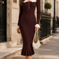 Women’s Ribbed Knit Bodycon Midi Dress with Ruffle Collar & Long Sleeves for Evening Wear