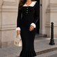 Women’s Ribbed Knit Bodycon Midi Dress with Ruffle Collar & Long Sleeves for Evening Wear
