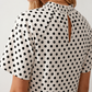 Women's Romy Polka Dot Ruffle Detail Mini Dress in lightweight woven chiffon featuring an all-over polka dot print, ruffled mock neckline, flutter sleeves, defined waist and tiered ruffle mini skirt, ideal for weddings, garden parties and elegant occasion wear.