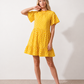 Women's Romy Polka Dot Ruffle Detail Mini Dress in lightweight woven chiffon featuring an all-over polka dot print, ruffled mock neckline, flutter sleeves, defined waist and tiered ruffle mini skirt, ideal for weddings, garden parties and elegant occasion wear.