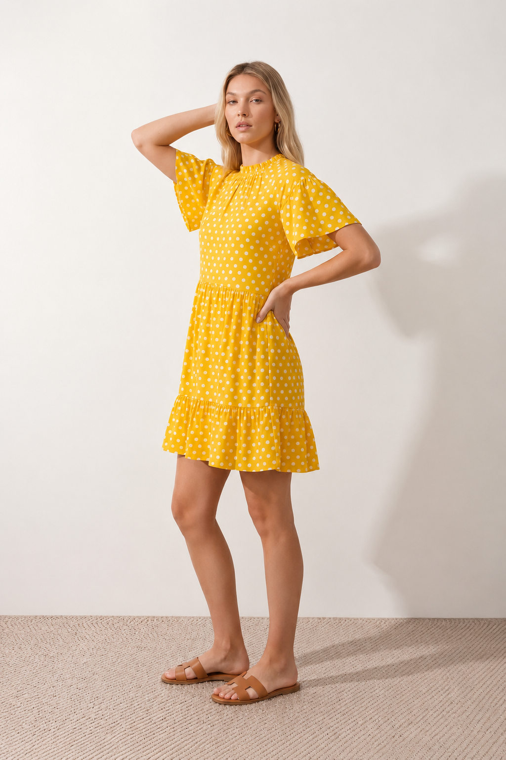 Women's Romy Polka Dot Ruffle Detail Mini Dress in lightweight woven chiffon featuring an all-over polka dot print, ruffled mock neckline, flutter sleeves, defined waist and tiered ruffle mini skirt, ideal for weddings, garden parties and elegant occasion wear.
