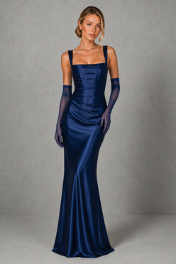Women’s Satin Corset Maxi Dress with Pleated Bodice for Formal & Evening Wear