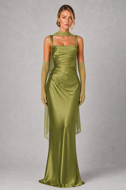 Women’s Satin Corset Maxi Dress with Pleated Bodice for Formal & Evening Wear