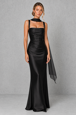 Women’s Satin Corset Maxi Dress with Pleated Bodice for Formal & Evening Wear