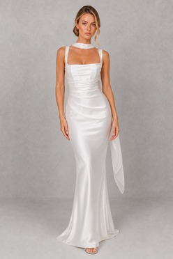 Women’s Satin Corset Maxi Dress with Pleated Bodice for Formal & Evening Wear