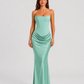 Women's strapless satin gown featuring a draped waist, sculpted fitted silhouette, and elegant floor-length design in a lustrous satin finish.