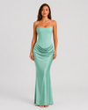 Women's strapless satin gown featuring a draped waist, sculpted fitted silhouette, and elegant floor-length design in a lustrous satin finish.