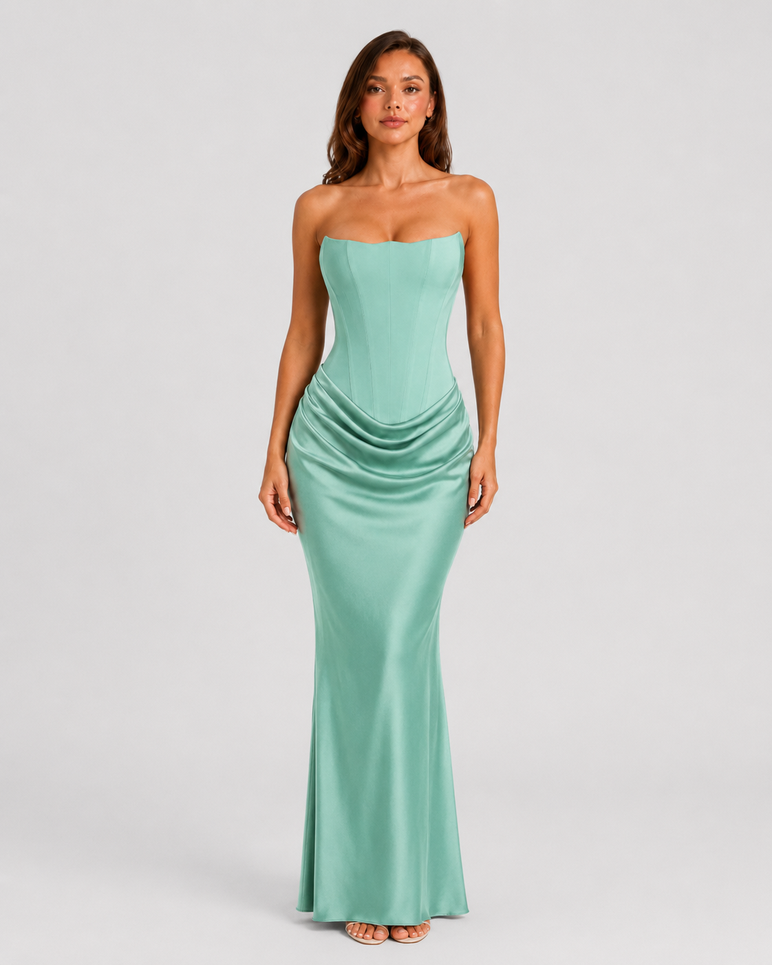 Women's strapless satin gown featuring a draped waist, sculpted fitted silhouette, and elegant floor-length design in a lustrous satin finish.