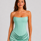 Women's strapless satin gown featuring a draped waist, sculpted fitted silhouette, and elegant floor-length design in a lustrous satin finish.