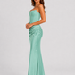 Women's strapless satin gown featuring a draped waist, sculpted fitted silhouette, and elegant floor-length design in a lustrous satin finish.