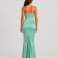Women's strapless satin gown featuring a draped waist, sculpted fitted silhouette, and elegant floor-length design in a lustrous satin finish.