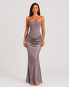 Women's strapless satin gown featuring a draped waist, sculpted fitted silhouette, and elegant floor-length design in a lustrous satin finish.