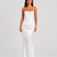 Women's strapless satin gown featuring a draped waist, sculpted fitted silhouette, and elegant floor-length design in a lustrous satin finish.
