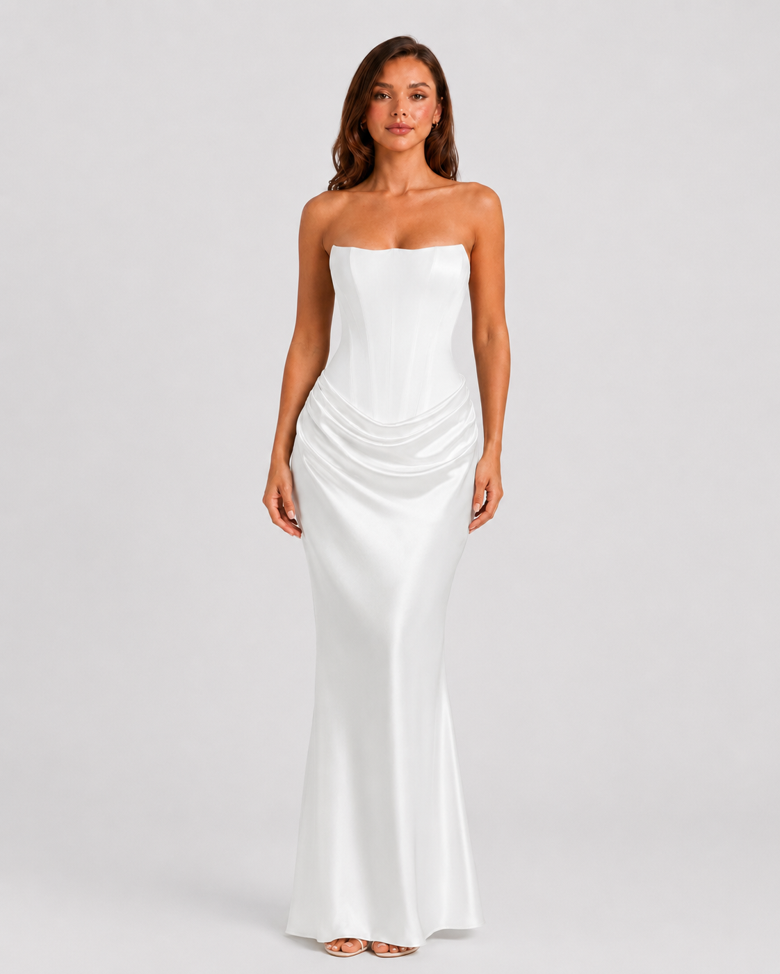 Women's strapless satin gown featuring a draped waist, sculpted fitted silhouette, and elegant floor-length design in a lustrous satin finish.