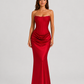 Women's strapless satin gown featuring a draped waist, sculpted fitted silhouette, and elegant floor-length design in a lustrous satin finish.