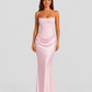 Women's strapless satin gown featuring a draped waist, sculpted fitted silhouette, and elegant floor-length design in a lustrous satin finish.