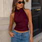 Women’s Satin Halter Cowl Neck Top with Open Back