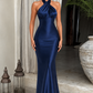Women's Satin Halter Open Back Evening Gown